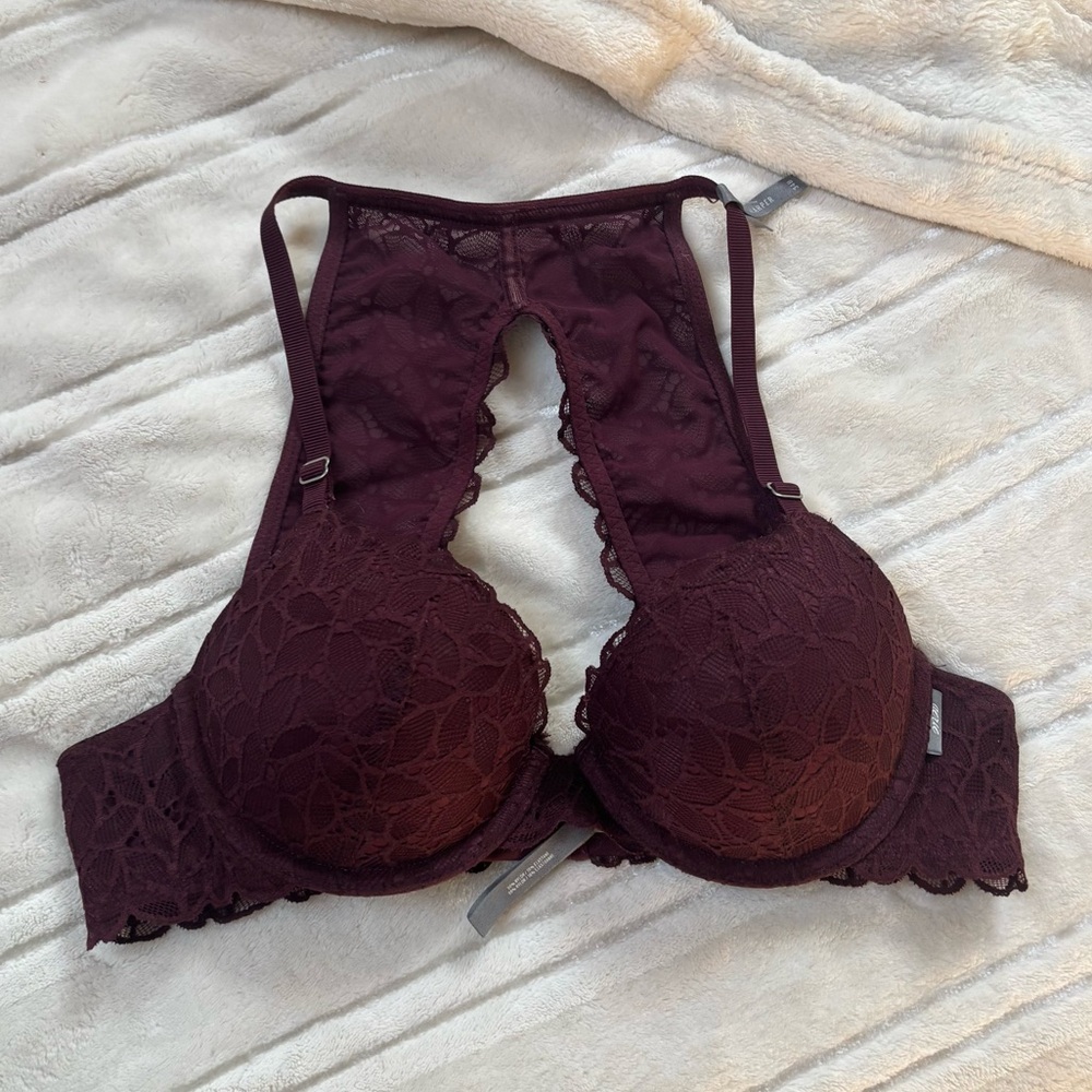 Aerie Burgundy Maroon Lace Trim Bra with Molded Cups